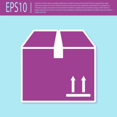 Turkuaz arka plan üzerinde izole trafik sembolü simgesi ile Retro mor Karton kutu. Kutu, paket, paket tabelası. Teslimat, nakliye ve nakliye. Vektör İllüstrasyonu