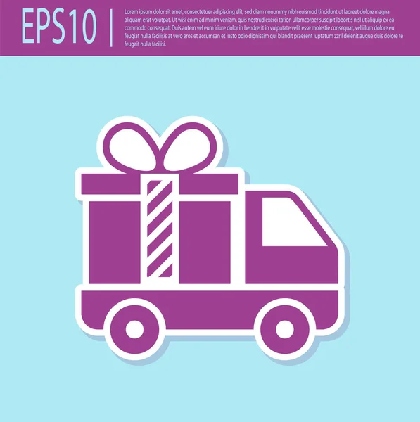 Camión retro de entrega púrpura con icono de regalo aislado sobre fondo turquesa. Ilustración vectorial — Vector de stock