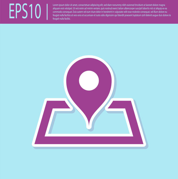 Retro purple Placeholder on map paper in perspective icon isolated on turquoise background. Vector Illustration