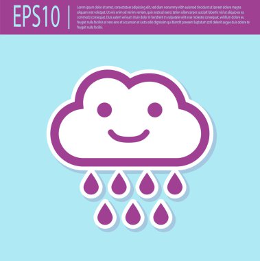Turkuaz arka planda izole edilmiş yağmur ikonu içeren mor bir bulut. Yağmur damlaları ile yağmur bulutu yağışı. Vektör İllüstrasyonu