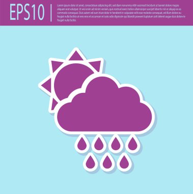 Turkuaz arka plan üzerinde izole yağmur ve güneş simgesi ile Retro mor Bulut. Yağmur damlaları ile yağmur bulutu yağış. Vektör İllüstrasyonu