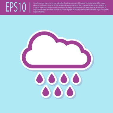 Turkuaz arka planda izole edilmiş yağmur ikonu içeren mor bir bulut. Yağmur damlaları ile yağmur bulutu yağışı. Vektör İllüstrasyonu