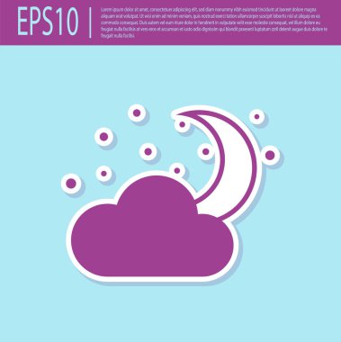 Turkuaz arka planda izole ay ve yıldız simgesi ile Retro mor Bulut. Bulutlu gece işareti. Uyku rüyaları sembolü. Gece ya da yatak saati işareti. Vektör İllüstrasyonu