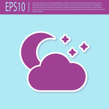 Turkuaz arka planda izole ay ve yıldız simgesi ile Retro mor Bulut. Bulutlu gece işareti. Uyku rüyaları sembolü. Gece ya da yatak saati işareti. Vektör İllüstrasyonu