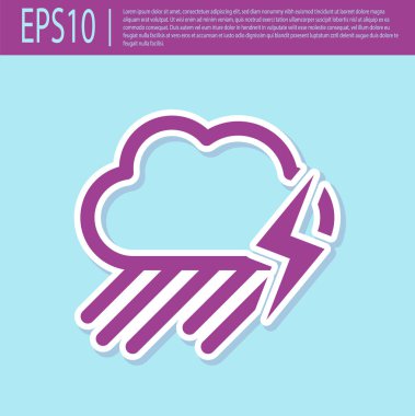 Turkuaz arka plan üzerinde izole yağmur ve yıldırım simgesi ile Retro mor Bulut. Yağmur damlaları ile yağmur bulutu yağış. Fırtınanın hava ikonu. Vektör İllüstrasyonu