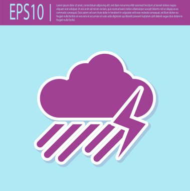 Turkuaz arka plan üzerinde izole yağmur ve yıldırım simgesi ile Retro mor Bulut. Yağmur damlaları ile yağmur bulutu yağış. Fırtınanın hava ikonu. Vektör İllüstrasyonu
