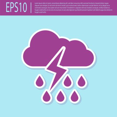 Turkuaz arka plan üzerinde izole yağmur ve yıldırım simgesi ile Retro mor Bulut. Yağmur damlaları ile yağmur bulutu yağış. Fırtınanın hava ikonu. Vektör İllüstrasyonu