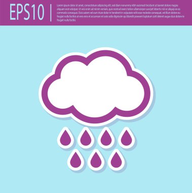 Turkuaz arka planda izole edilmiş yağmur ikonu içeren mor bir bulut. Yağmur damlaları ile yağmur bulutu yağışı. Vektör İllüstrasyonu