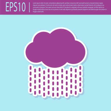 Turkuaz arka planda izole edilmiş yağmur ikonu içeren mor bir bulut. Yağmur damlaları ile yağmur bulutu yağışı. Vektör İllüstrasyonu