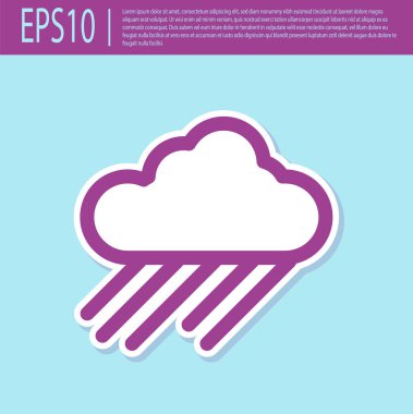 Turkuaz arka planda izole edilmiş yağmur ikonu içeren mor bir bulut. Yağmur damlaları ile yağmur bulutu yağışı. Vektör İllüstrasyonu