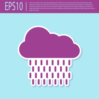 Turkuaz arka planda izole edilmiş yağmur ikonu içeren mor bir bulut. Yağmur damlaları ile yağmur bulutu yağışı. Vektör İllüstrasyonu