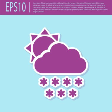 Retro mor Bulut kar ve güneş simgesi turkuaz arka plan izole ile. Kar taneli bulut. Tek hava durumu simgesi. Kar işareti. Vektör İllüstrasyonu