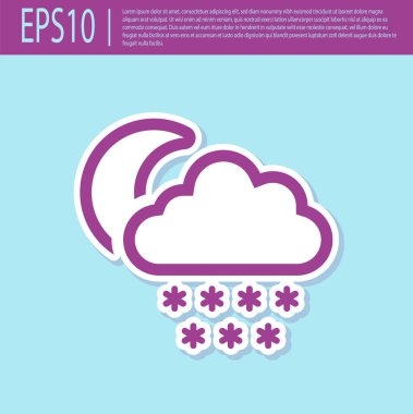 Turkuaz arka planda izole kar ve ay simgesi ile Retro mor Bulut. Kar taneli bulut. Tek hava durumu simgesi. Kar işareti. Vektör İllüstrasyonu