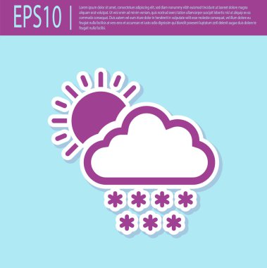 Retro mor Bulut kar ve güneş simgesi turkuaz arka plan izole ile. Kar taneli bulut. Tek hava durumu simgesi. Kar işareti. Vektör İllüstrasyonu