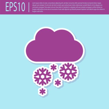 Turkuaz arka planda izole edilmiş kar ikonlu Retro mor Bulut. Kar taneli bulut. Tek hava ikonu. Kar tabelası. Vektör İllüstrasyonu