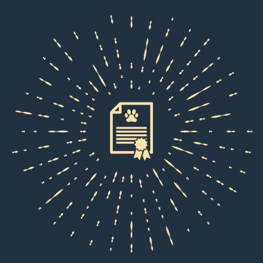 Bej Tıbbi sertifika köpek veya kedi simgesi koyu mavi arka plan üzerinde izole ile seyahat için. Evcil hayvan için belge. Köpek ya da kedi pençesi izi. Soyut daire rasgele nokta. Vektör İllüstrasyonu