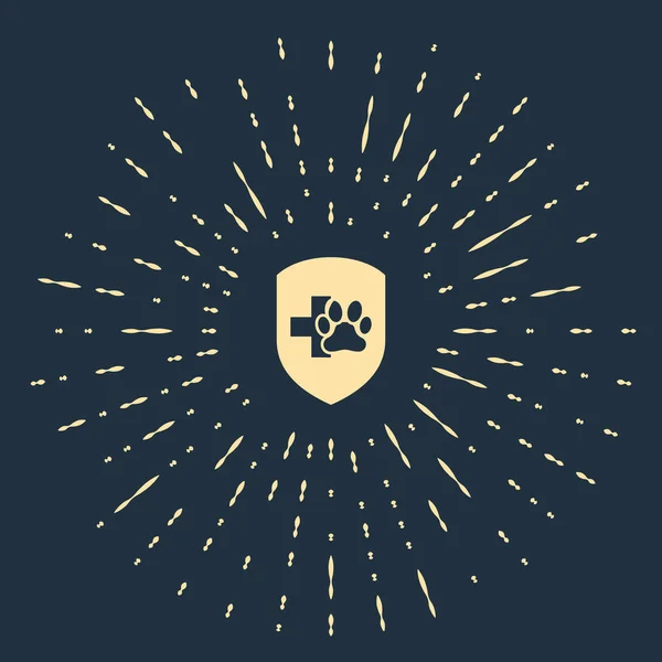 Icono del seguro de salud Beige Animal aislado sobre fondo azul oscuro. Icono de protección para mascotas. Huella de pata de perro o gato. Puntos aleatorios de círculo abstracto. Ilustración vectorial — Vector de stock