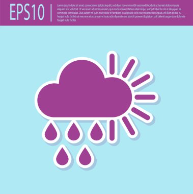 Retro mor Cloudy yağmur ve güneş simgesi turkuaz arka plan izole ile. Yağmur damlaları ile yağmur bulutu yağış. Vektör İllüstrasyonu