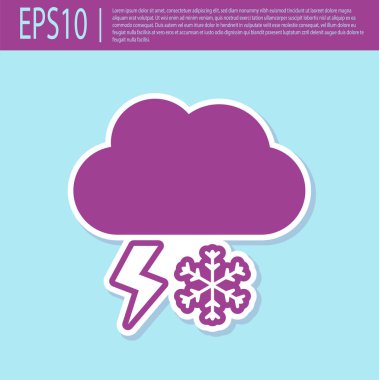 Retro mor Bulut kar ve yıldırım simgesi turkuaz arka plan izole ile. Kar taneli bulut. Tek hava durumu simgesi. Kar işareti. Vektör İllüstrasyonu