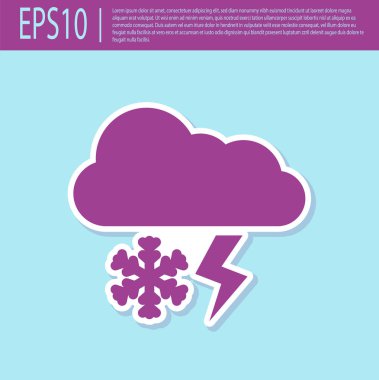 Retro mor Bulut kar ve yıldırım simgesi turkuaz arka plan izole ile. Kar taneli bulut. Tek hava durumu simgesi. Kar işareti. Vektör İllüstrasyonu