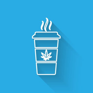 Beyaz çizgi Fincan kahve marihuana veya esrar yaprak simgesi uzun gölge ile izole ile. Marihuana yasallaştırma. Kenevir sembolü. Vektör İllüstrasyonu