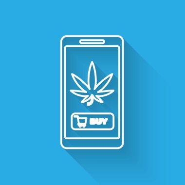 Beyaz çizgi cep telefonu ve tıbbi marihuana veya uzun gölgeli kenevir yaprağı ikonu. İnternetten satın alma sembolü. Süpermarket sepeti. Vektör İllüstrasyonu