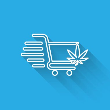 Uzun gölge ile izole esrar veya esrar yaprak simgesi ile Beyaz hat Alışveriş sepeti. Online satın alma. Teslimat hizmeti. Süpermarket sepeti. Vektör İllüstrasyonu