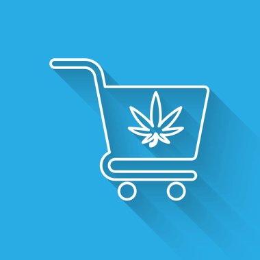 Uzun gölge ile izole esrar veya esrar yaprak simgesi ile Beyaz hat Alışveriş sepeti. Online satın alma. Teslimat hizmeti. Süpermarket sepeti. Vektör İllüstrasyonu