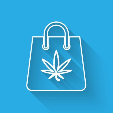 Uzun gölgeli beyaz çizgili alışveriş poşeti ya da kenevir yaprağı ikonu. Kenevir almak. Kenevir sembolü. Vektör İllüstrasyonu
