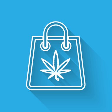 Uzun gölgeli beyaz çizgili alışveriş poşeti ya da kenevir yaprağı ikonu. Kenevir almak. Kenevir sembolü. Vektör İllüstrasyonu