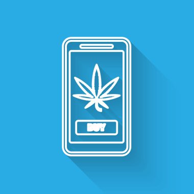 Beyaz çizgi cep telefonu ve tıbbi marihuana veya uzun gölgeli kenevir yaprağı ikonu. İnternetten satın alma sembolü. Süpermarket sepeti. Vektör İllüstrasyonu