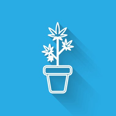 Beyaz çizgi medikal marihuana ya da esrar bitkisi. Esrar ikonunda uzun gölgeli. Esrar yetiştirme konsepti. Kenevir saksısı. Vektör İllüstrasyonu