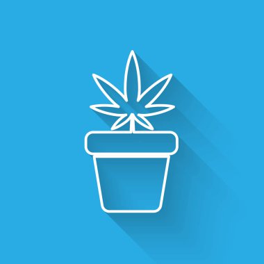 Beyaz çizgi medikal marihuana ya da esrar bitkisi. Esrar ikonunda uzun gölgeli. Esrar yetiştirme konsepti. Kenevir saksısı. Vektör İllüstrasyonu