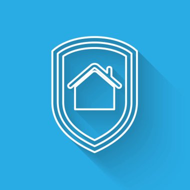 Beyaz hat House koruma simgesi altında uzun gölge ile izole. Ev ve kalkan. Koruma, güvenlik, güvenlik, koruma, savunma konsepti. Vektör İllüstrasyonu