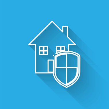 Beyaz hat House koruma simgesi altında uzun gölge ile izole. Ev ve kalkan. Koruma, güvenlik, güvenlik, koruma, savunma konsepti. Vektör İllüstrasyonu