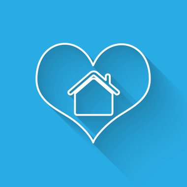Uzun gölge ile izole kalp şekli simgesi ile Beyaz çizgi House. Aşk ev sembolü. Aile, emlak ve emlak. Vektör İllüstrasyonu
