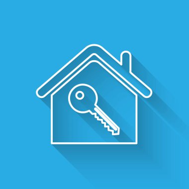 Uzun gölge ile izole anahtar simgesi ile Beyaz hat House. Evin anahtar teslimi konsepti. Vektör İllüstrasyonu