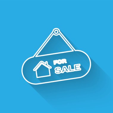 Uzun gölge ile izole satılık simgesi için metin ile Beyaz satır Asılı işareti. Satılık metin li tabela. Vektör İllüstrasyonu