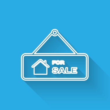 Uzun gölge ile izole satılık simgesi için metin ile Beyaz satır Asılı işareti. Satılık metin li tabela. Vektör İllüstrasyonu