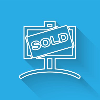 Uzun gölgeile yalıtılmış metin Satılan simgesi ile Beyaz satır Asma işareti. Satılan etiket. Satılan tabela. Vektör İllüstrasyonu