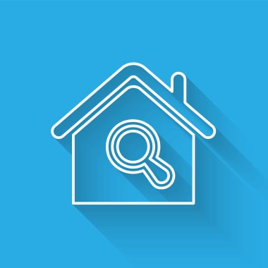 Beyaz çizgi Arama evi simgesi uzun gölge ile izole. Büyüteç altında bir evin gayrimenkul sembolü. Vektör İllüstrasyonu