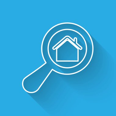 Beyaz çizgi Arama evi simgesi uzun gölge ile izole. Büyüteç altında bir evin gayrimenkul sembolü. Vektör İllüstrasyonu