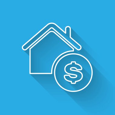 Uzun gölge ile izole dolar sembolü simgesi ile Beyaz hat House. Ev ve para. Gayrimenkul konsepti. Vektör İllüstrasyonu