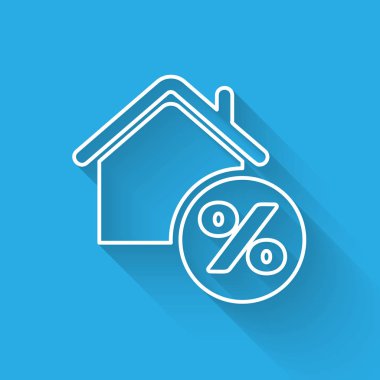 Uzun gölge ile izole percant indirim etiketi simgesi ile Beyaz satır Evi. Ev yüzdesi işaret fiyatı. Emlak evi. Kredi yüzdesi sembolü. Vektör İllüstrasyonu