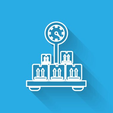 Uzun gölge ile izole karton kutu simgesi ile Beyaz çizgi Ölçek. Lojistik ve teslimat. Bir ölçekte teslimat paketinin ağırlığı. Vektör İllüstrasyonu