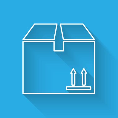 Uzun gölge ile izole trafik sembolü simgesi ile Beyaz çizgi Karton kutu. Kutu, paket, paket tabelası. Teslimat, nakliye ve nakliye. Vektör İllüstrasyonu