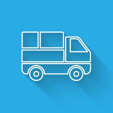 Uzun gölge ile izole simgesi arkasında karton kutular ile Beyaz hat Teslimat kamyon. Vektör İllüstrasyonu