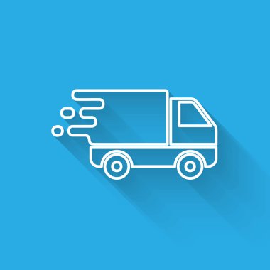 Uzun gölge ile izole hareket simgesibeyaz çizgi Teslim kamyon. Hızlı nakliye teslimat kamyonu. Vektör İllüstrasyonu