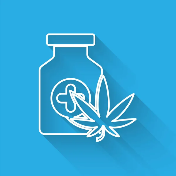 Línea blanca Botella médica con marihuana o icono de hoja de cannabis aislado con sombra larga. Simulación de extractos de aceite de cannabis en frascos. Ilustración vectorial — Archivo Imágenes Vectoriales
