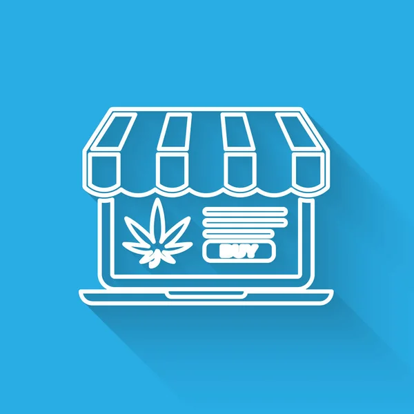 Linha branca Laptop e maconha medicinal ou ícone de folha de cannabis isolado com sombra longa. Símbolo de compra online. Cesta de supermercado. Ilustração vetorial —  Vetores de Stock